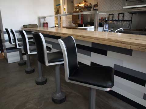 1929 Vintage Woolworth diner stools reupholstered for Mile End Deli, Brooklyn NY