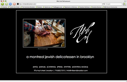 Screen shot of website design, Mile End Delicatessen
